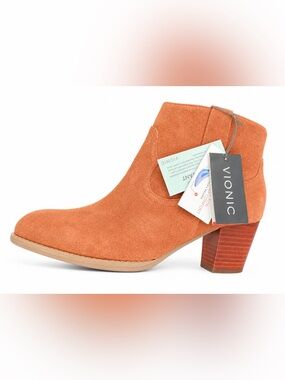 Vionic Windom Cognac Suede Block Heel Ankle Boots Booties 9.5 Wide NWT